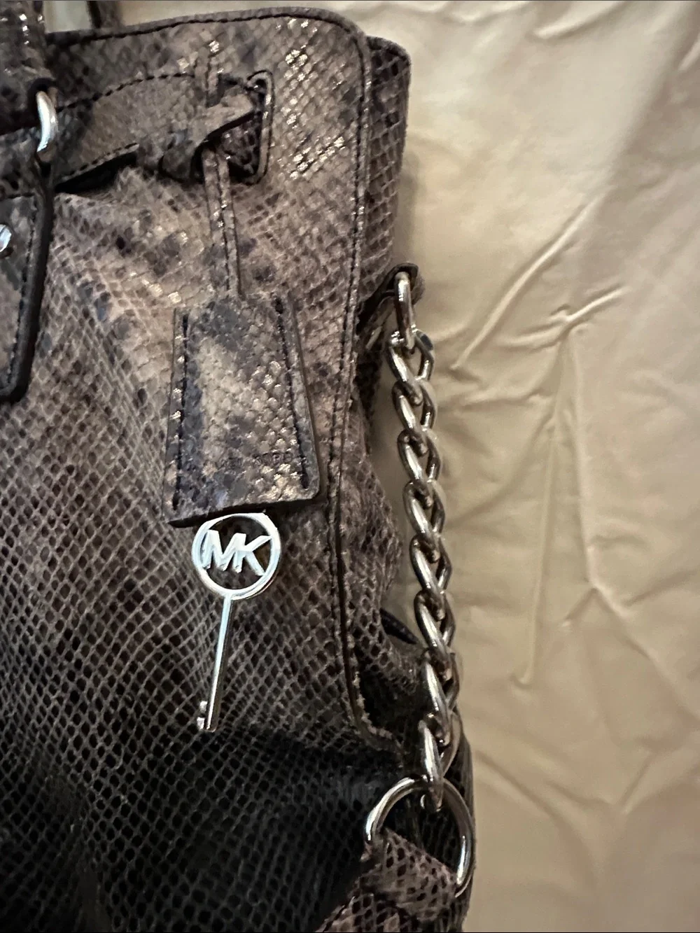 Michael Kors Hamilton Snake-Embossed Tote Bag in Dark Gray/Black RARE!!